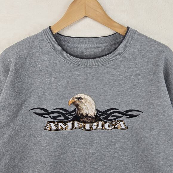 Croft & Barrow America Gray Crewneck Sweatshirt Large Tribal Bald Eagle USA - Picture 5 of 12